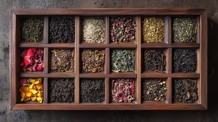 A captivating display of diverse loose leaf herbal and floral teas arranged in a wooden tray. The composition showcases rich colors, textures, and the natural beauty of tea ingredients. Perfect for culinary and wellness themes.の素材