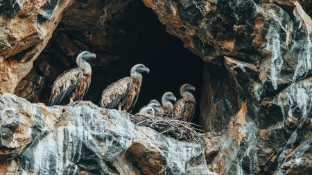 A group of majestic vultures gathers in their nest on a rocky cliff, showcasing the beauty of wildlife in a natural habitat with stunning details.の素材
