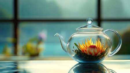 A clear glass teapot featuring a vibrant blooming flower inside, set against a serene background, captures tranquility and elegance in tea culture.の素材