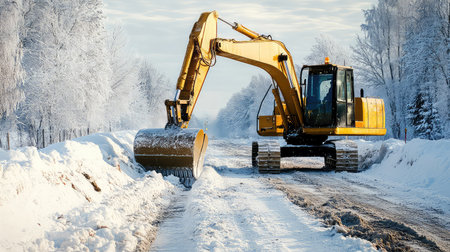 A yellow excavator works diligently to clear snow from a frozen road, framed by frost-covered trees in a picturesque winter landscape.の素材