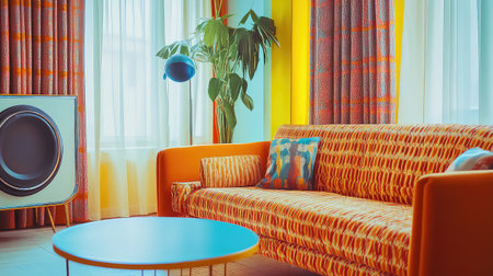 A vibrant and stylish living room showcases a modern couch and colorful decor elements. Natural light enhances the lively atmosphere, perfect for relaxation.の素材