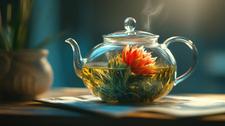 A captivating glass teapot filled with blooming flower tea emits steam, surrounded by a warm and serene ambiance, perfect for relaxation and enjoyment.の素材