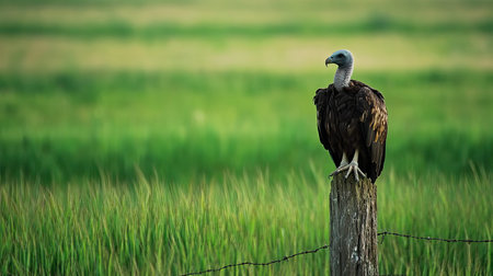 A majestic vulture stands gracefully on a wooden post surrounded by vibrant green grass, showcasing its stunning feathers and natural elegance.の素材