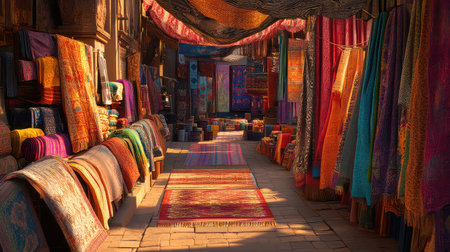 Explore a vibrant market scene showcasing a variety of colorful fabrics and textiles in an enchanting alley filled with culture and craftsmanship.の素材