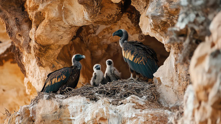 A captivating scene of a family of vultures caring for their young chicks in a cliffside nest. The image showcases the beauty of wildlife and parental care.の素材
