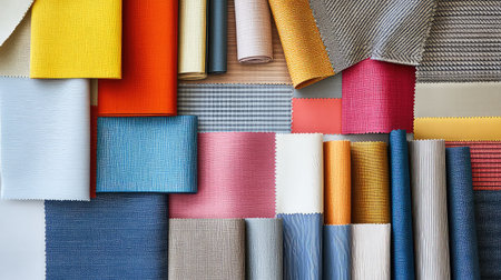 Diverse assortment of colorful textiles showcasing different patterns and textures, ideal for design inspiration in interior and fashion projects.の素材