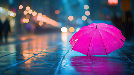 A striking pink umbrella stands out on a wet city street, creating a captivating contrast against the blurred colorful lights in the rainy atmosphere.の素材