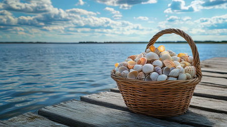 A woven basket is filled with a variety of beautiful shells resting on a wooden dock, with calm water and a bright blue sky filled with clouds.の素材