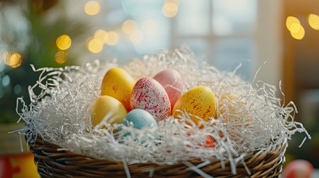 A charming display of colorful Easter eggs nestled in shredded paper, creating a warm and inviting atmosphere perfect for spring celebrations.の素材