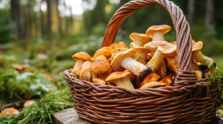 A rustic basket filled with freshly gathered wild mushrooms, capturing the essence of autumn in a serene forest setting, vibrant and natural.の素材