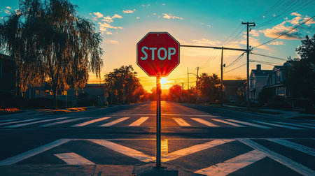 This image captures a serene urban scene at sunset, featuring a prominent stop sign illuminated by the warm glow of the evening sun over a quiet street.の素材