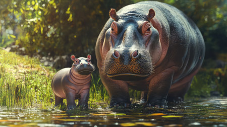 A captivating scene featuring a hippo mother and her adorable calf standing at the water's edge, surrounded by rich greenery, showcasing a moment of tenderness in the wild.の素材
