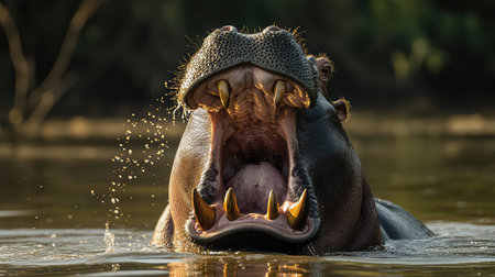 A breathtaking portrayal of a hippo displaying its impressive teeth while partially submerged in water, capturing the essence of wildlife in its natural habitat.の素材