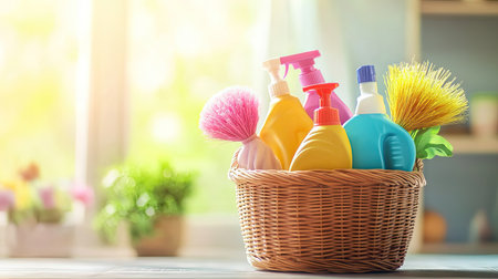 A delightful assortment of vibrant cleaning supplies arranged in a woven basket, illuminated by warm sunlight. Ideal for promoting home care and cleanliness.の素材