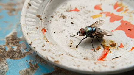 This image captures a detailed close-up of a fly resting on a dirty plate covered with food residues and colorful stains, showcasing the beauty and complexity of insects.の素材
