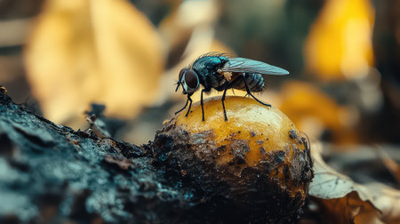 A macro shot illustrates a fly resting on decaying fruit, highlighting the intricate details of nature's decomposition and the vibrant colors of autumn leaves.の素材