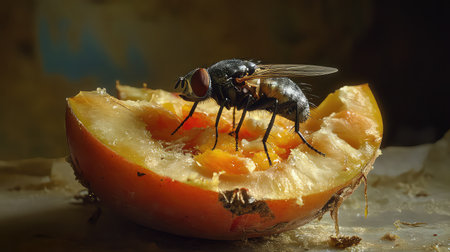 A close-up photograph showcasing a fly perched on a half-eaten slice of ripe fruit, revealing intricate details of the insect and the decaying fruit skin.の素材