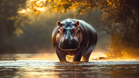 A stunning image of a hippo emerging from water at sunrise, showcasing its robust form and serene environment. The golden light enhances the peaceful atmosphere, inviting admiration of wildlife in its natural habitat.の素材