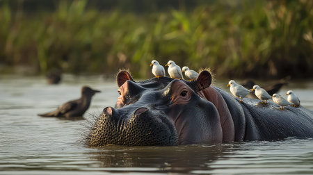 A serene scene of a hippo floating in calm waters, adorned with tiny birds perched on its back, showcasing the harmony of wildlife in nature.の素材