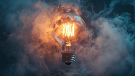 A captivating light bulb emits a warm glow amidst swirling smoke, creating a mysterious atmosphere perfect for creative projects and inspiring ideas.の素材