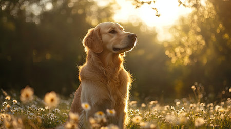 A golden retriever sits gracefully in a sunlit meadow, surrounded by blooming flowers at sunset. The scene captures tranquility and warmth in nature.の素材