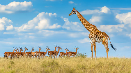 A stunning scene featuring a tall giraffe standing gracefully over a group of antelopes in a lush savanna. The backdrop showcases a brilliant blue sky with fluffy white clouds, capturing the serene beauty of wildlife in their natural habitat.の素材