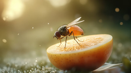 A captivating close-up image showcasing a fruit fly perched on a vibrant orange slice, illuminated by soft light, highlighting intricate details and textures.の素材
