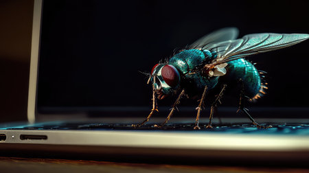 A stunning close-up of a vibrant fly perched on a laptop keyboard, showcasing the intricate details of the insect and its interaction with modern technology.の素材