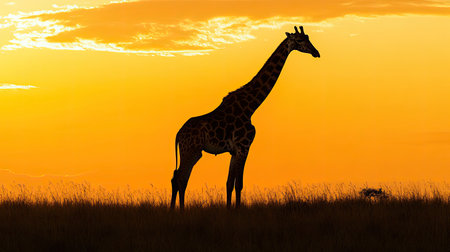 A stunning silhouette of a giraffe stands gracefully against a brilliant orange sunset, highlighting its unique profile and serene presence in the grasslands.の素材