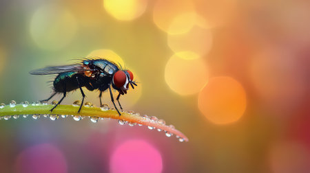 This mesmerizing close-up showcases a fly perched on a dewy grass blade, surrounded by beautiful bokeh lights. The vibrant colors and gentle drops highlight the delicate interplay of nature.の素材