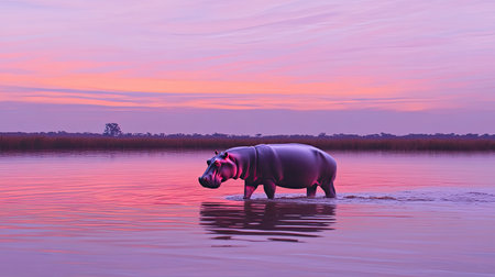 A hippo strolls through tranquil waters as the sun sets, casting vibrant reflections of a colorful sky. The serene environment captures a moment of peace in nature.の素材