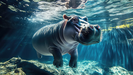 This stunning underwater image captures a hippo swimming gracefully in clear waters, surrounded by beautiful rays of sunlight, showcasing its unique beauty and peaceful nature.の素材