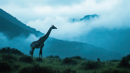 A graceful giraffe stands tall against a backdrop of misty mountains and fog, creating a serene and tranquil atmosphere in the wilderness.の素材