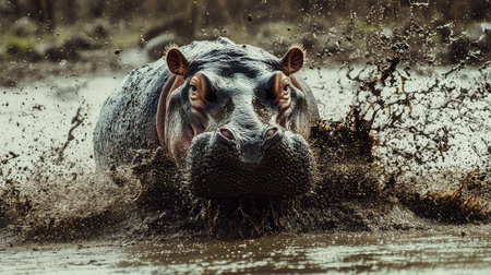 A powerful close-up of a hippo emerging from muddy water, showcasing its aggressive demeanor and striking features amidst dramatic splashes and ripples.の素材