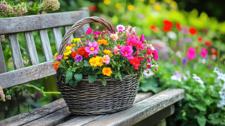 A vibrant flower basket rests on a weathered wooden bench, surrounded by a stunning array of garden blooms, creating a picturesque outdoor scene.の素材