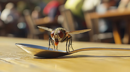 A detailed close-up of a fly perched on a metallic spoon, showcasing its unique features against a softly blurred cafe atmosphere in the background.の素材