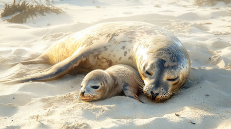 A serene scene featuring a mother seal and her pup resting comfortably on a sandy beach, basking in the warm sunlight, creating a peaceful wildlife moment.の素材