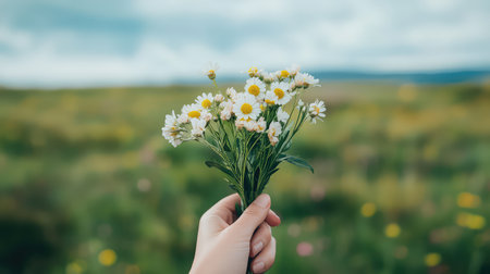 A hand elegantly holds a bouquet of white and yellow daisies against a backdrop of a lush green field. This image evokes feelings of joy and tranquility.の素材