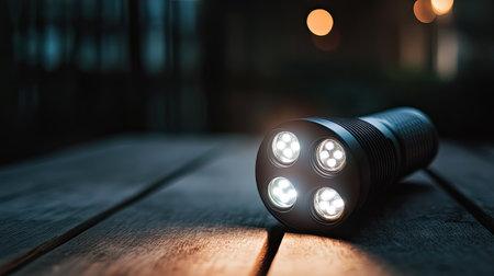 This high-power LED flashlight rests on a wooden surface, illuminated by soft ambient light. It showcases modern design and functionality for outdoor adventures.の素材