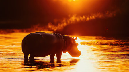 A serene silhouette of a hippopotamus standing in calm waters at sunset, with golden light reflecting beautifully on the surface, creating a tranquil atmosphere.の素材