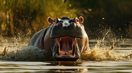 A stunning image of a hippo emerging from water, mouth wide open, showcasing its impressive teeth and creating splashes, highlighting its powerful presence in the wild.の素材