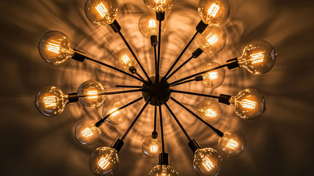This image showcases a modern chandelier featuring multiple glowing bulbs, casting beautiful shadows on the wall, perfect for interior design inspiration.の素材