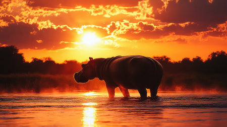 A breathtaking scene of a hippo standing in shallow water against a stunning sunset backdrop. The silhouette illustrates the majestic shape while the vibrant sky casts an enchanting glow, creating an atmosphere of tranquility and beauty in the natural world.の素材