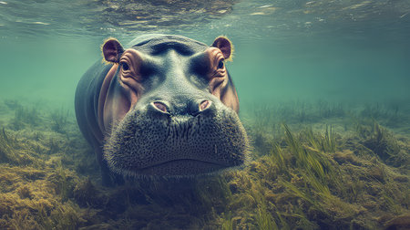 A captivating close-up view of a hippopotamus swimming underwater amidst lush greenery, showcasing its unique features and serene environment.の素材