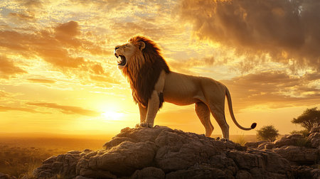 A regal lion stands proudly atop a rocky outcrop, silhouetted against a vibrant sunset filled with dramatic clouds, capturing the essence of wild beauty.の素材