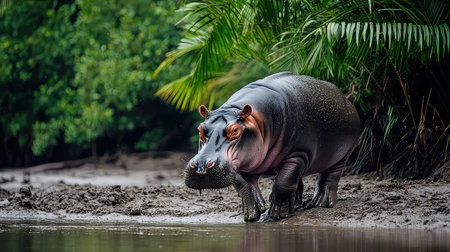 A magnificent hippo steps cautiously along a muddy riverbank, surrounded by vibrant greenery. The scene showcases the animal's vast size and serene demeanor in its natural habitat.の素材