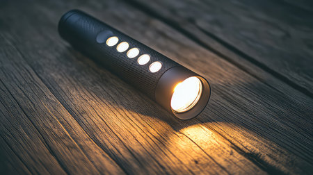 This image features a modern LED flashlight resting on a textured wooden surface, emitting a strong beam of light that creates intriguing shadows and highlights.の素材