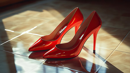 A striking pair of bright red stiletto heels rests elegantly on a sunlit floor, showcasing the perfect blend of style and sophistication for fashion enthusiasts.の素材