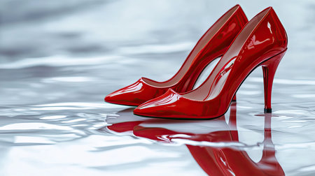 A pair of elegant red high heels positioned on a glossy surface, reflecting light and showcasing modern design, perfect for fashion-forward visuals.の素材