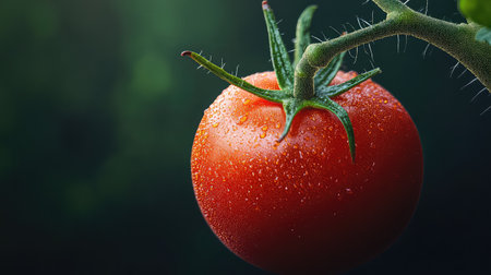 A close-up image of a fresh, ripe red tomato adorned with water droplets, showcasing its vibrant color and natural beauty against a softly blurred background.の素材